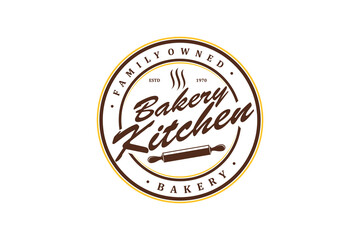 Bakery kitchen logo design with rolling pin cake bake icon vintage badge food drink