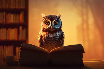 Alte Eule die in einer Bibliothek ein Buch ließt, Illustration