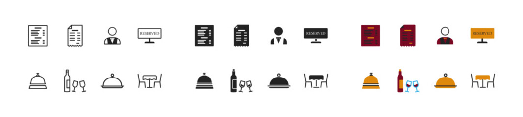 Restaurant and cafe icon set. Flat design. Concept of service. Bell, table, dish, booking, bill, menu signs.  Dinner symbol.