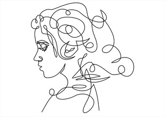Continuous one line drawing. Abstract portrait of romantic woman face. 