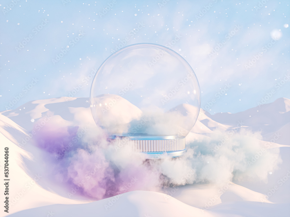 Fototapete abstract winter christmas background with empty crystal snow globe. 3d rendering.