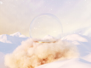 Abstract winter Christmas background with empty crystal snow globe. 3d rendering.