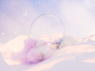 Abstract winter Christmas background with empty crystal snow globe. 3d rendering.