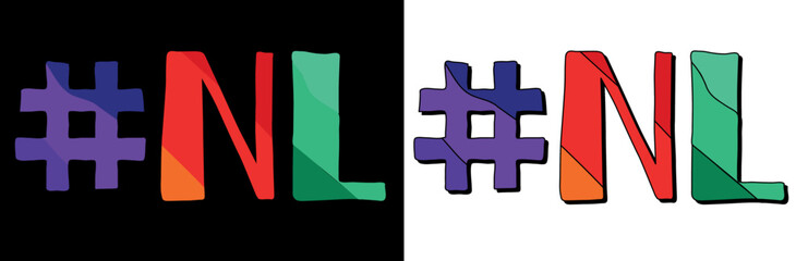 Hashtag # NL. Set 2 in 1. Bright funny cartoon color doodle isolated text. Hashtag #NL is abbreviation for the Canadian Newfoundland and Labrador for print, social network, advertising banner.