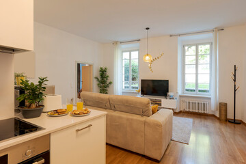 Modern open space in elegant apartment. There is the kitchen with breakfast ready to be tasted, a sofa and large bright windows