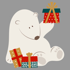 Polar bear with gifts. greeting card for xmas or new year. festive clip art on grey background