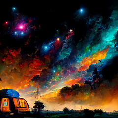 Obraz premium Brightly-colored Romany caravan in space with nebulae in the background