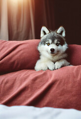 cute little gray wolf sitting on the bed in the bedroom, cartoon character