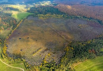 Tinovul Mohos a volcano botanical reservation with various rare plants from Romania seen from above