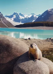 Foto auf Alu-Dibond cute fat fluffy marmot sits on the background of the lake and mountains © barinovalena