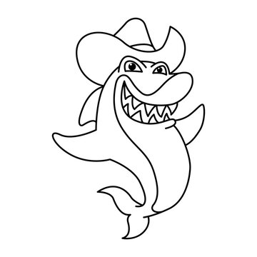 Cute shark with cowboy head cartoon characters vector illustration. For kids coloring book.