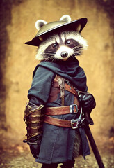 cute raccoon cartoon character wearing medieval knight armor
