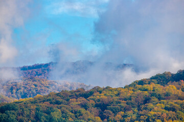 Landscape with steam rising from the forest in autumn