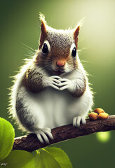 cute fluffy red squirrel sitting on a tree, cartoon character, 3d rendering