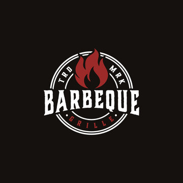 barbecue fire vector template. bbq grill steak graphic illustration in badge emblem patch style.
