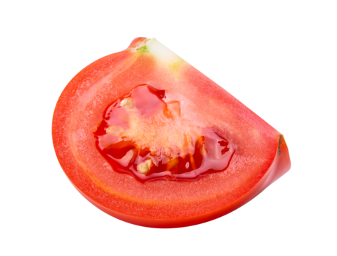 Tomato vegetable isolated on white or transparent background. Chopped wedge of fresh tomato.