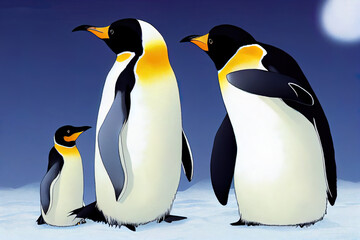 an emperor penguin parent is warming its baby an upright penguin with black and white plumage a long beak stands on white icy snows its adorable baby sits on its feet being warmed by its white tummy