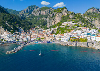 Aerial view of the port area of the Italian coastal town of Amalfi