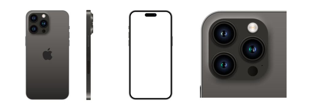 Rivne - October 10, 2022. Iphone 14 pro max model. Space black color. Front view, side view, back view and camera view. Vector mockup.