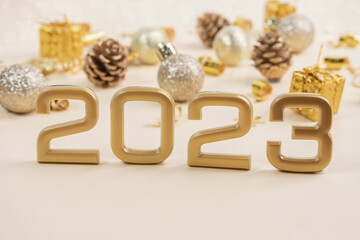 New year 2023 background. Numbers 2023 and Christmas decoration. New Year and Christmas concept.
