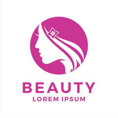 vector illustration logo of beauty woman face with beautiful hair. cosmetic spa salon graphic symbol.
