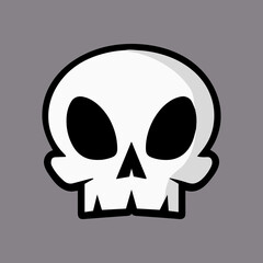 Fun cartoon skull logo. Dead symbol isolated. Dead cute halloween silhouette. Graphic art. Death mascot sticker. Fun emoticon. Evil drawing. Pirate flag bones.