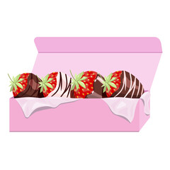 Chocolate-covered strawberries in a pink box, isolated on a white background.Vector illustration of a fruit dessert.