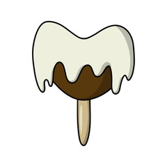 Chocolate ice cream on a heart-shaped stick, poured with white glaze, vector cartoon