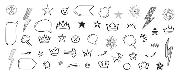 Doodle infographics elements vector for social media. Symbols for web, app, social net in hand drawn doodle style.