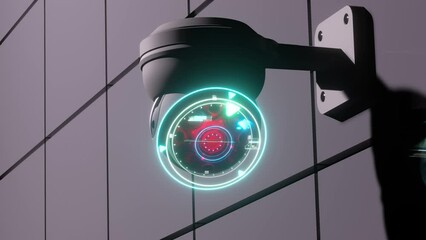 CCTV camera installed on wall of the building. Scan the area for surveillance purposes. Can be used for background in security work. Animation, 3D Render