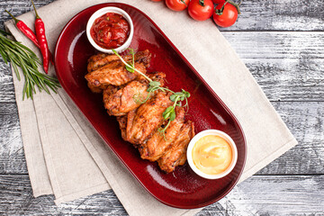 Chicken wings, chicken wings appetizer on a wooden white background