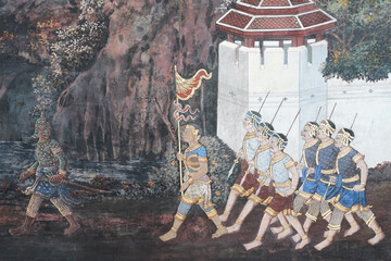 Old wall paintings from 1930 tell the story of Thai literature. Written on the wall of Wat Phra...