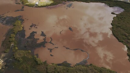 Contaminated wetland and industrial waste poured into a lake making the water muddy and dirty