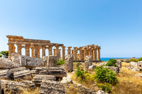 Castelvetrano, Sicily, Italy - July 11, 2020: Ruins in Selinunte, archaeological site and ancient Greek city in Sicily, Italy