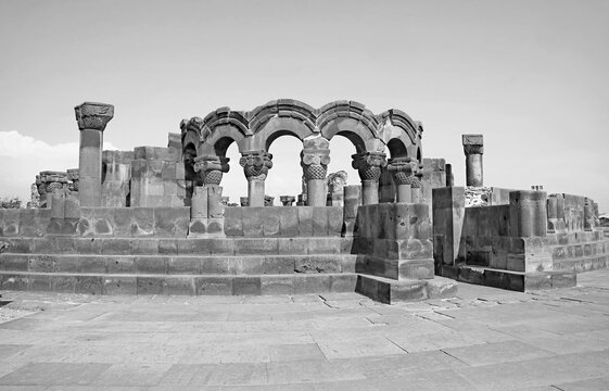 Ruins of Zvartnots Cathedral or the Celestial Angels Cathedral Dedicated to St. Gregory, Vagharshapat City, Armenia in Monochrome