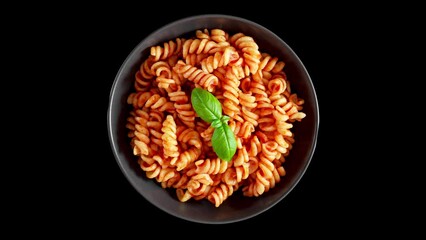 Fusilli pasta cooked with tomatoes sauce and basil isolated on black background, rotating, turning, close-up macro, top view.
 - Powered by Adobe