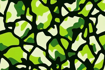 Green army seamless pattern. Repeating camouflage print with cool patches. Hand drawn camo fashion background with pop art and military badges. 2d illustration
