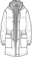 Hoodie Long Parka Jacket Fashion Illustration, Vector, CAD, Technical Drawing, Flat Drawing, Template, Mockup. © Jasmin