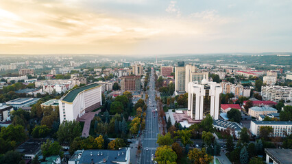 Fototapeta na wymiar Aerial drone view of Chisinau downtown at sunset, Moldova