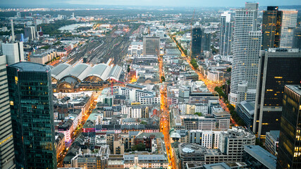 View of Frankfurt from a skyscraper at sunset, Germany