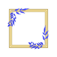 Empty golden picture frame on the wall mock up. Realistic square gold frame with decorative abstract floral elements