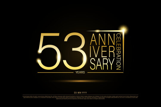 53 years golden anniversary gold logo on black background, vector design for celebration.