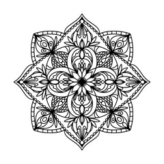 Vector Illustration Outline Mandala Flower Isolated on a White Background. Circular Ornament in Ethnic Oriental Style. Design for Henna, Mehndi, Tattoo, Floral Pattern, Decoration, Coloring Book Page.