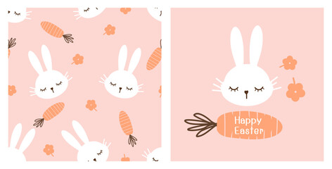 Seamless pattern with rabbit face, cute flower and carrots on pink background. Rabbit cartoon and hand written fonts vector.