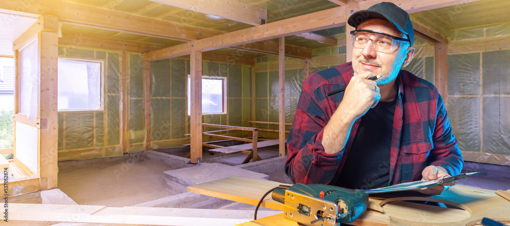 Poster man is carpenter. guy is considering new construction project. carpenter inside house under construc