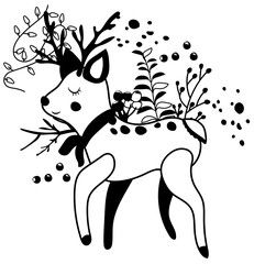 Magical winter, Black and white a cute reindeer in a scarf with garlands on the horns, winter berries and leaves. Scandinavian animal.Perfect for greeting cards, posters, flyers, banners.Vector