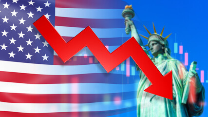 Falling financial graph. USA flag and declining quotes. Reducing investment attractiveness USA...