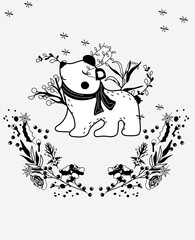Magical winter, Black and white a cute polar bear in a scarf, winter wreath, leaves, garland. Scandinavian animal. Perfect for greeting cards, posters, flyers, banners. Vector