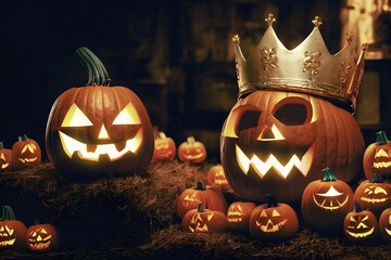 Halloween background with Jack O Lantern pumpkin with a crown on its head, surrounded by pumpkins. Illustration concept 3D