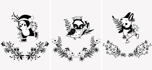 Black and white a funny rabbit in a scarf on skates, cute arctic penguin in a hat, owl, winter wreath, leaves and berries. Concept Christmas and New Year. Perfect for greeting cards, poster, postcard